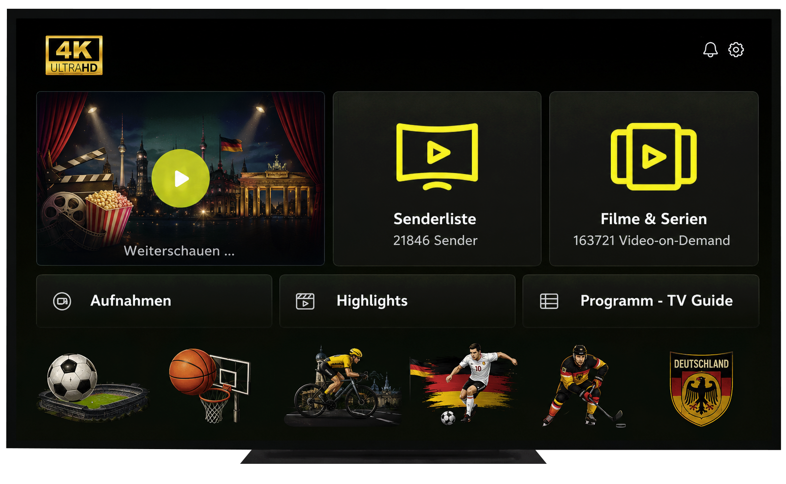 IPTV Germany Dashboard mit 45.000+ Kanälen, VOD und 4K Qualität